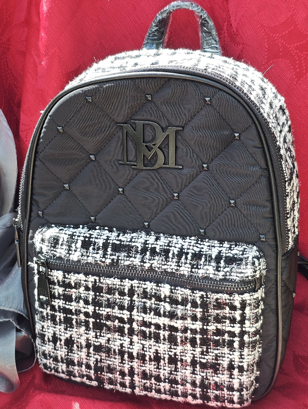 Badgley Mischka BM-4106 Big Diamond Quilted Nylon Backpack Tweed & Black Nwt